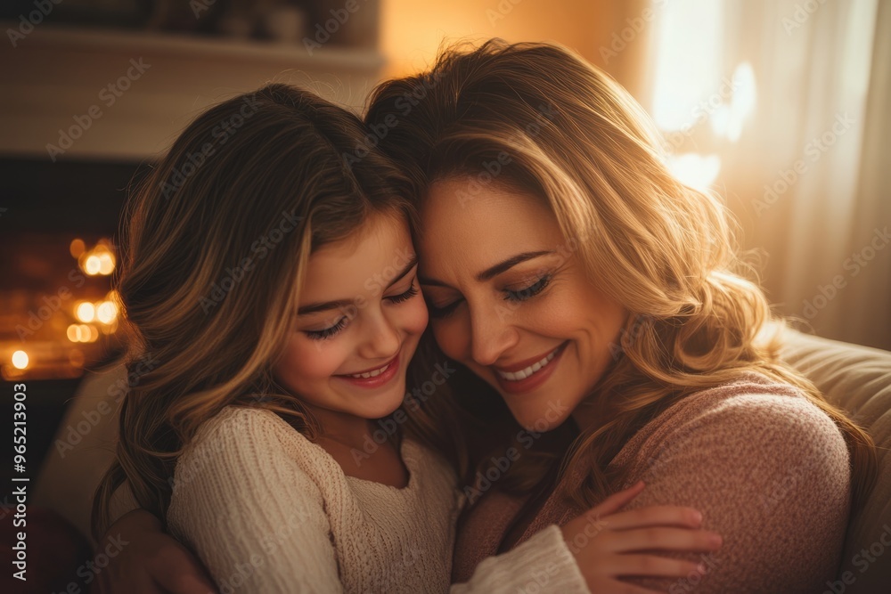 High-resolution brightly lit photorealistic candid photograph of a mother and daughter bonding together in a warm, inviting living room. The photo has a light and bright feel, styled like a premium
