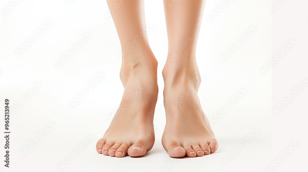 Close-up of beautiful female feet, perfect skin and soles on white background. Close-up of female legs, standing barefoot, isolated on white background.
Close-up of beautiful female feet, perfect skin and soles on white background. Close-up of female legs, standing barefoot, isolated on white background.