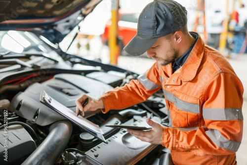 A mechanic inspects a car engine with its hood open while holding a clipboard and making notes