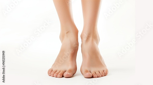 Close-up of beautiful female feet, perfect skin and soles on white background. Close-up of female legs, standing barefoot, isolated on white background. 