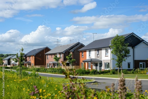 A newly constructed housing development under a blue sky