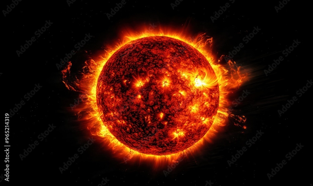 A close up of a red sun with a black background. The sun is the main focus of the image and it is very bright and intense. The black background emphasizes the brightness of the sun A close up of a red sun with a black background. The sun is the main focus of the image and it is very bright and intense. The black background emphasizes the brightness of the sun