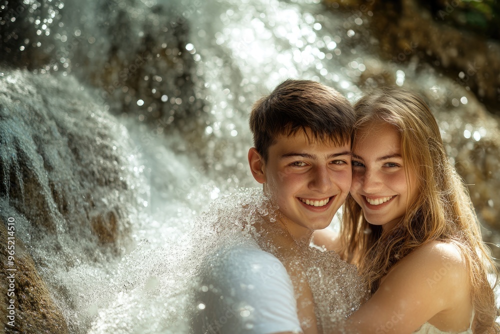 Obraz premium High-resolution brightly lit photorealistic candid photograph of a young couple smiling as they pose in front of a waterfall, the scene full of happiness and light. The image is styled like a luxury