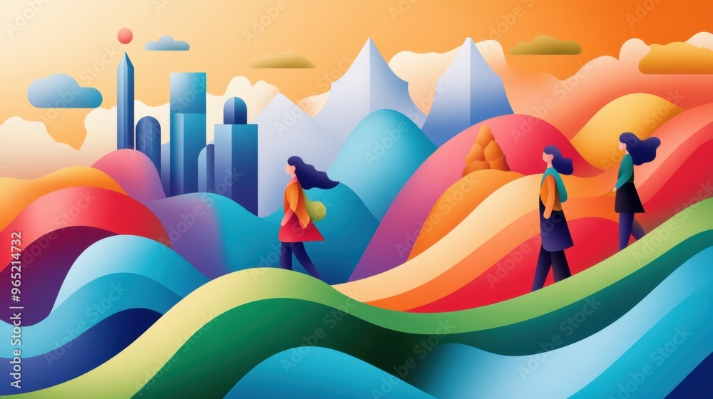 A colorful abstract painting of two women walking on a hillside, AI A colorful abstract painting of two women walking on a hillside, AI