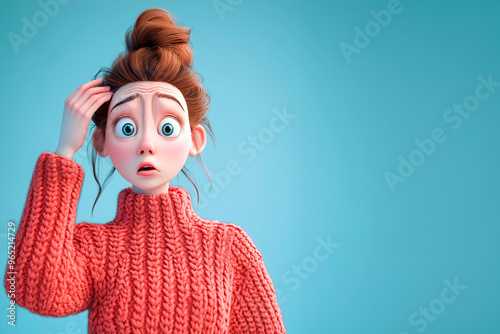 3d render worried woman in red sweater with hand on head showing stress or confusion banner, space for copy/web photo