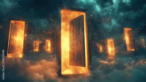 A series of open doors with flames in the middle. Scene is mysterious and intriguing