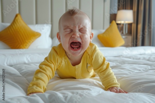 A young baby in a yellow onesie crying loudly while lying on a large white bed in a hotel room photo