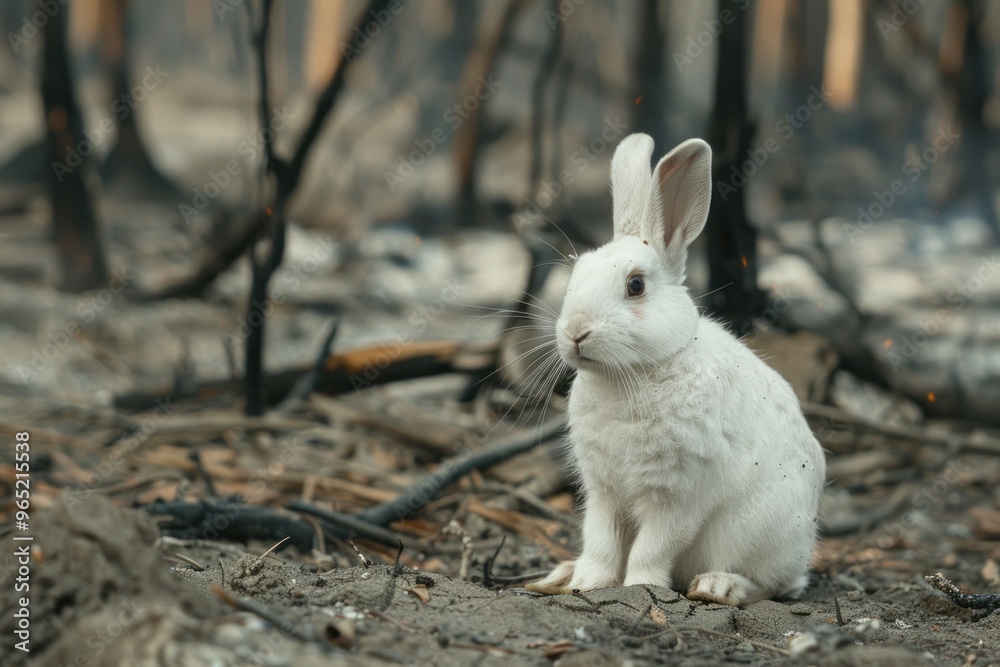 Close up white Rabbit in forest after fire Close up white Rabbit in forest after fire