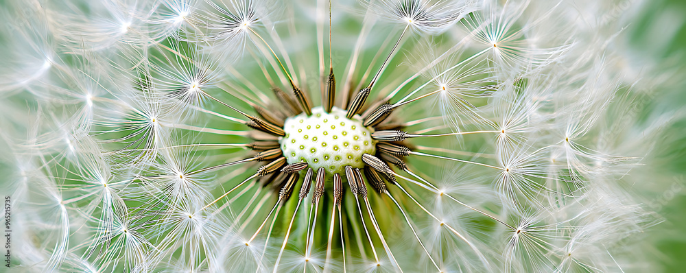 A detailed macro photograph of a dandelion head with its white seeds ready to disperse
