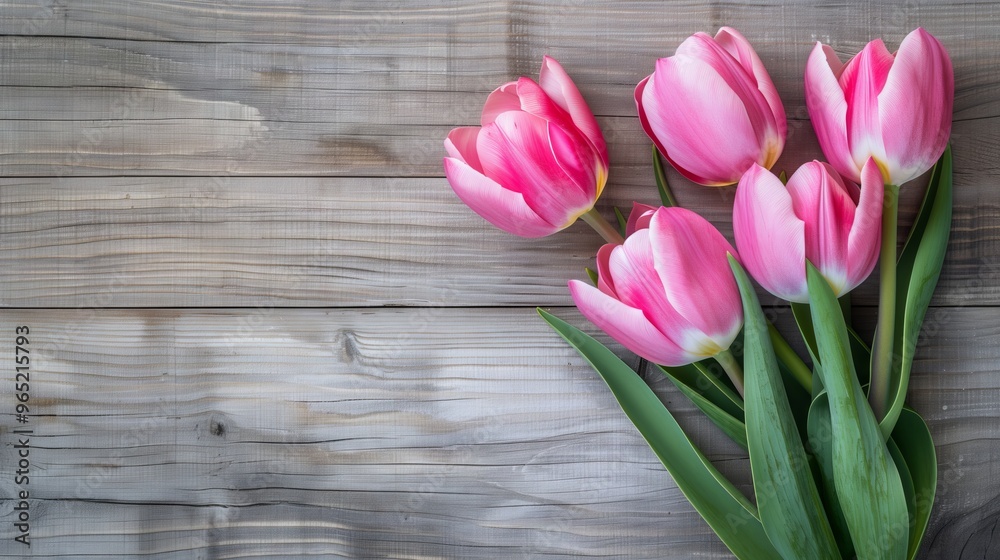 Beautiful Pink Tulips on Rustic Wooden Background, Perfect for Spring Floral Decor and Greeting Card Designs Beautiful Pink Tulips on Rustic Wooden Background, Perfect for Spring Floral Decor and Greeting Card Designs