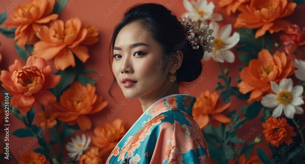 Joyful Asian female model in floral kimono dress on coral background