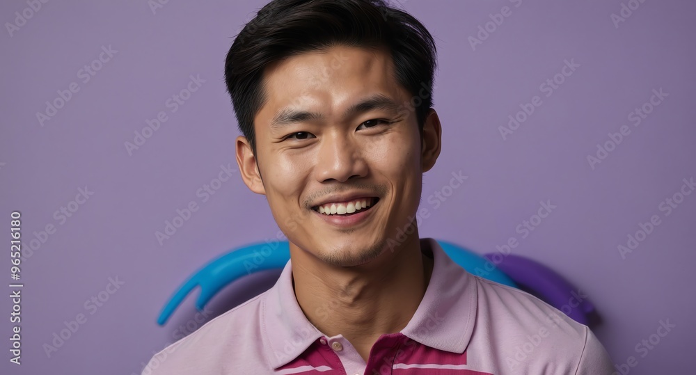 Joyful Asian male model in pastel pink polo shirt on lavender background Joyful Asian male model in pastel pink polo shirt on lavender background