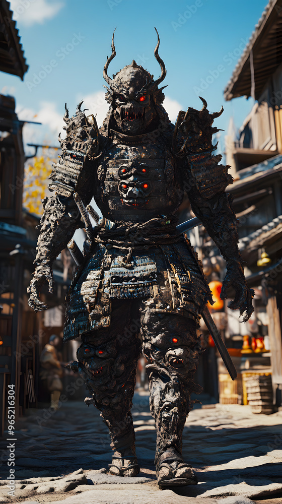 A samurai wearing menacing armor made from oni material, with a helmet, walking through an Edo period town during bright daylight