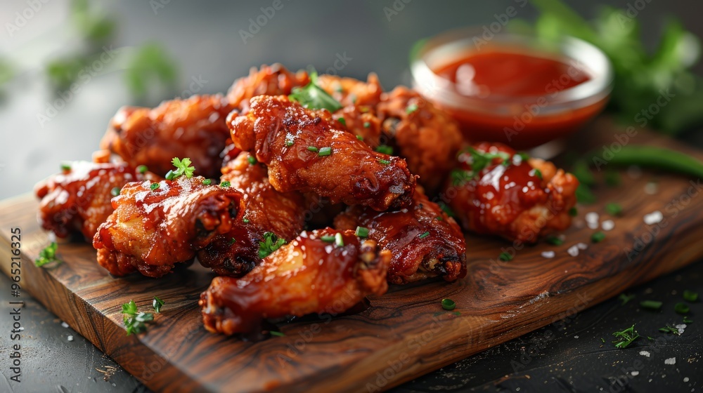 Close up of Crispy Fried Chicken Tights and Chicken Wings, served on a wooden cutting board with chili sauce, isolated on a white background. Close up of Crispy Fried Chicken Tights and Chicken Wings, served on a wooden cutting board with chili sauce, isolated on a white background.