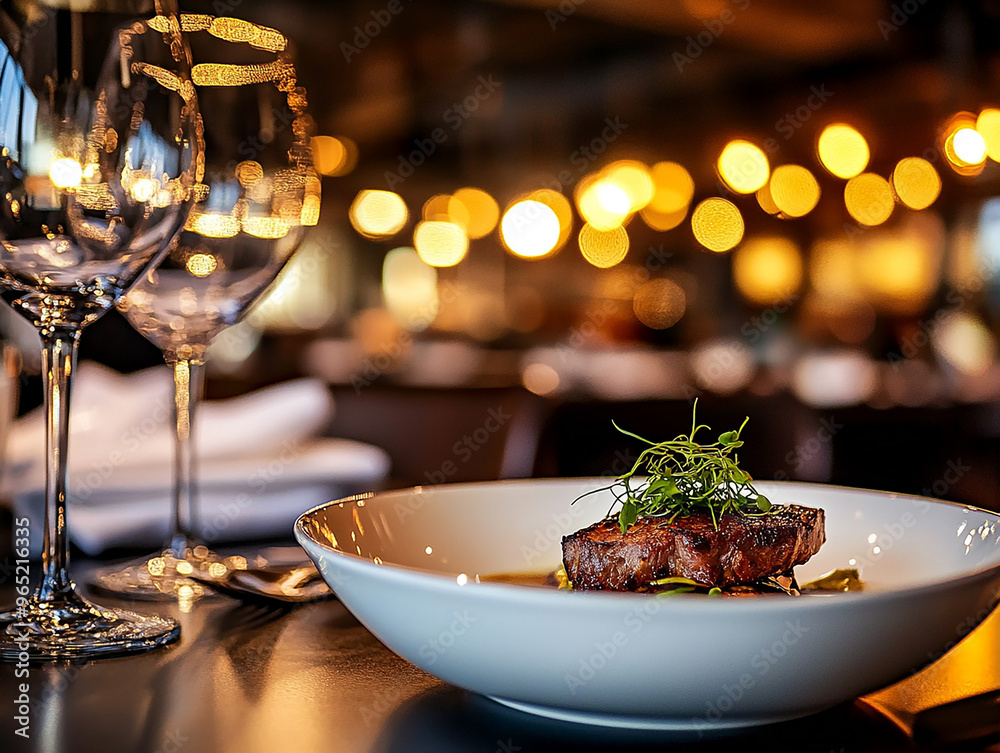 Photo of a gourmet dish , romantic evening dinner elegantly plated in dining restaurant setting Photo of a gourmet dish , romantic evening dinner elegantly plated in dining restaurant setting