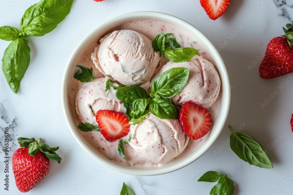 A bowl of creamy strawberry basil ice cream garnished with fresh basil leaves and sliced strawberries A bowl of creamy strawberry basil ice cream garnished with fresh basil leaves and sliced strawberries