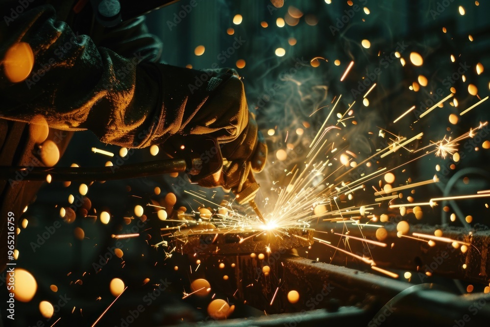 man in steel welding factory with sparks man in steel welding factory with sparks