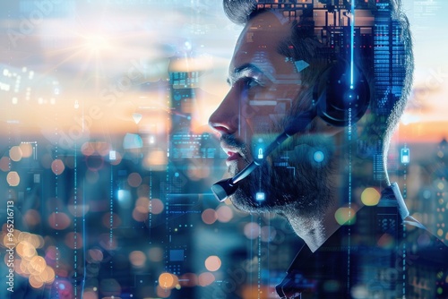 male tech support agent in a headset, urban skyline backdrop, showcasing modern customer service and support