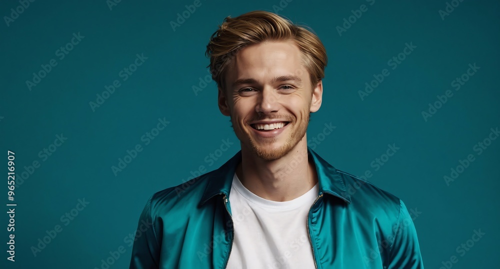 Fototapeta premium Joyful White male model in blue jacket and white shirt on teal background