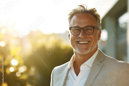 High-resolution brightly lit photorealistic candid photograph of a happy senior businessman captured in a high-end lifestyle magazine style. The light, bright atmosphere amplifies his joy.