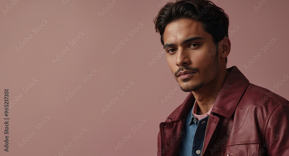 Obraz premium Relaxed Hispanic male model in dark red jacket on pale pink background