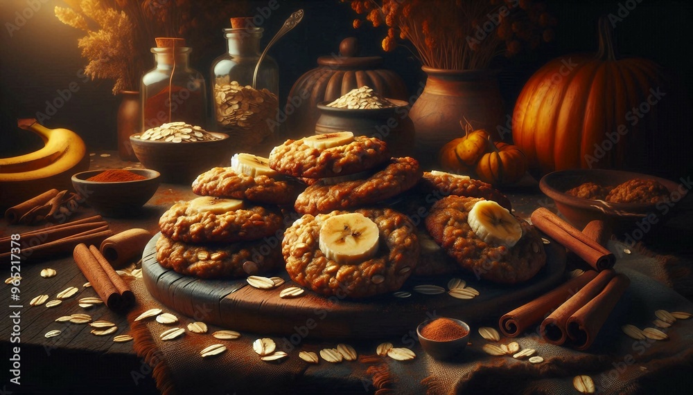 oatmeal cookies adorned with banana slices on a wooden plate, surrounded by autumnal elements such as pumpkins, cinnamon sticks, and seeds, all bathed in warm, soft lighting that highlights the textur oatmeal cookies adorned with banana slices on a wooden plate, surrounded by autumnal elements such as pumpkins, cinnamon sticks, and seeds, all bathed in warm, soft lighting that highlights the textur