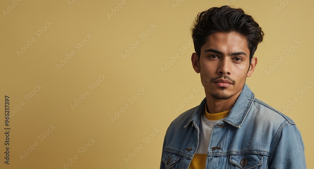 Obraz premium Relaxed Hispanic male model in denim jacket on pastel yellow background