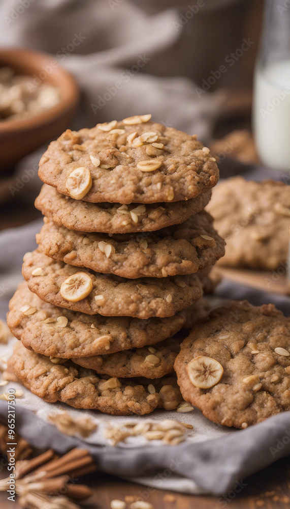 A stack of oatmeal cookies with banana slices and oats on top, accompanied by a bowl of oats and a glass of milk in the background, all set against a wooden backdrop. A stack of oatmeal cookies with banana slices and oats on top, accompanied by a bowl of oats and a glass of milk in the background, all set against a wooden backdrop.