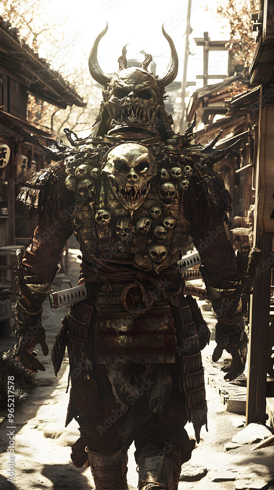 A samurai wearing menacing armor made from oni material, with a helmet, walking through an Edo period town during bright daylight A samurai wearing menacing armor made from oni material, with a helmet, walking through an Edo period town during bright daylight