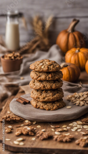 A stack of oatmeal cookies on a round gray plate, with scattered oats and almond slices around it. In the background, there are pumpkins and a glass of milk, all set against a wooden backdrop with war photo