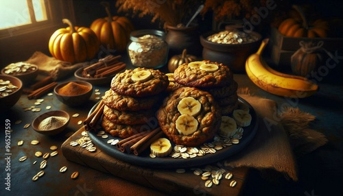 a plate of oatmeal cookies topped with banana slices, surrounded by autumnal decorations including pumpkins and cinnamon sticks, all set against a warm, dark background that enhances the cozy atmosphe photo