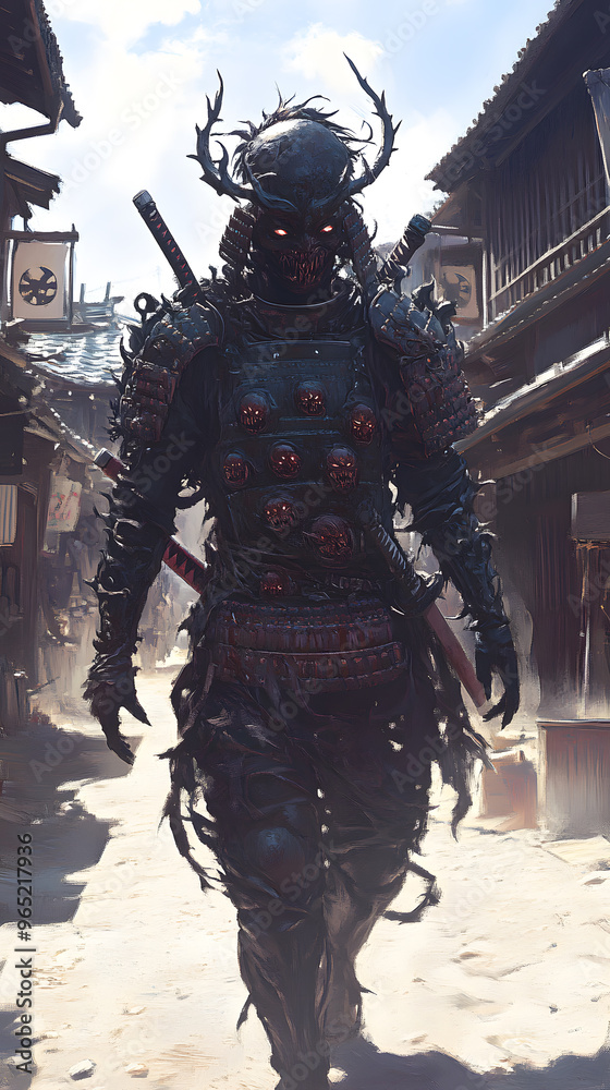 A samurai wearing menacing armor made from oni material, with a helmet, walking through an Edo period town during bright daylight