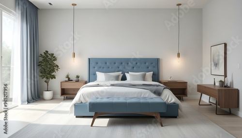 A modern and stylish bedroom with a large blue upholstered bed frame, wooden nightstands, and wall-mounted lamps.
