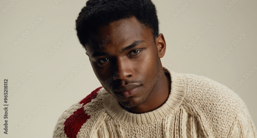 Obraz premium Serene Black male model in cream cable knit sweater on ivory background