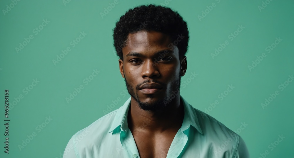 Serene Black male model in light blue shirt on mint green background Serene Black male model in light blue shirt on mint green background