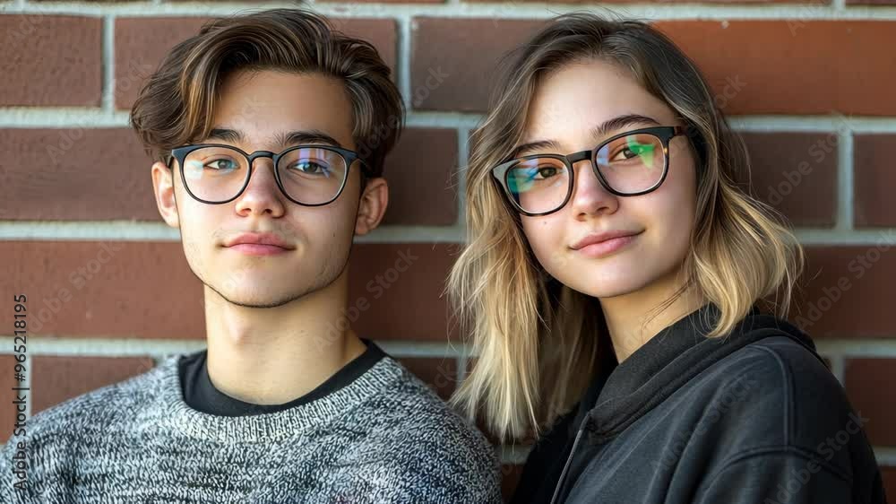 Young adults posing confidently against a brick wall in urban setting Young adults posing confidently against a brick wall in urban setting