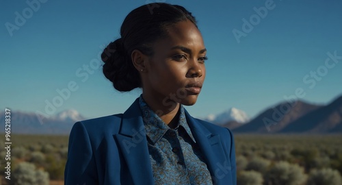 Serious Black female model in blue blazer and slacks on indigo background
