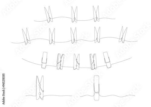 Clothesline with pins, one continuous line drawing. Laundry, clothespin doodle illustrations set