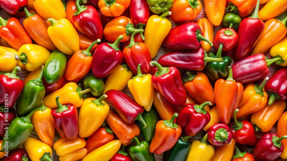 Vibrant sweet mini peppers bursting with juice, arranged in a visually striking composition, showcasing a medley of Vibrant sweet mini peppers bursting with juice, arranged in a visually striking composition, showcasing a medley of