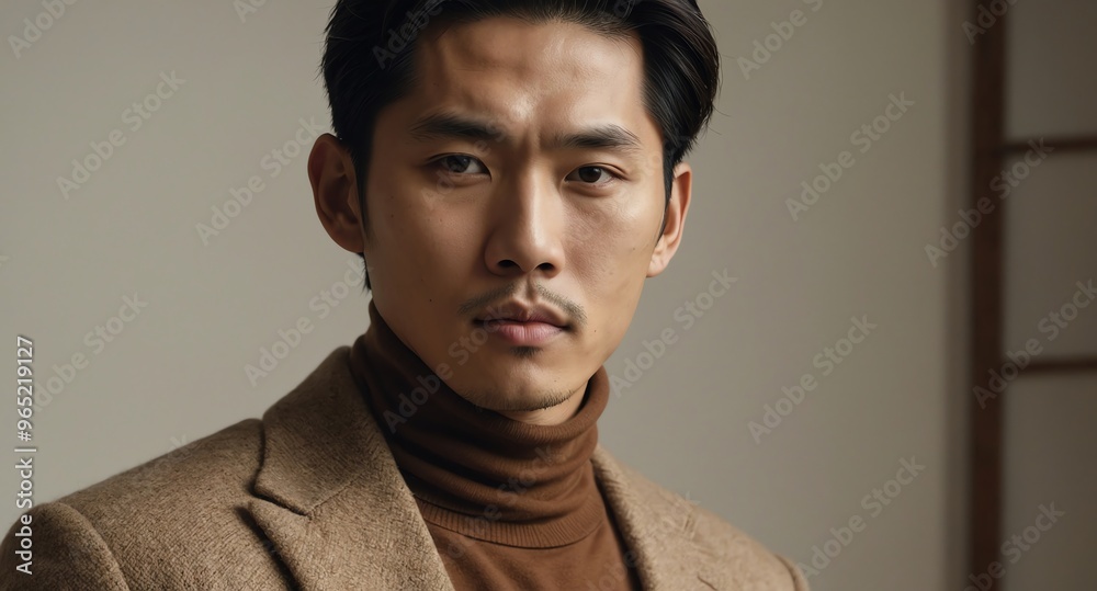 Fototapeta premium Stylish Asian male model in light brown turtleneck on ivory background