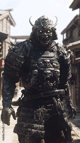 A samurai wearing menacing armor made from oni material, with a helmet, walking through an Edo period town during bright daylight