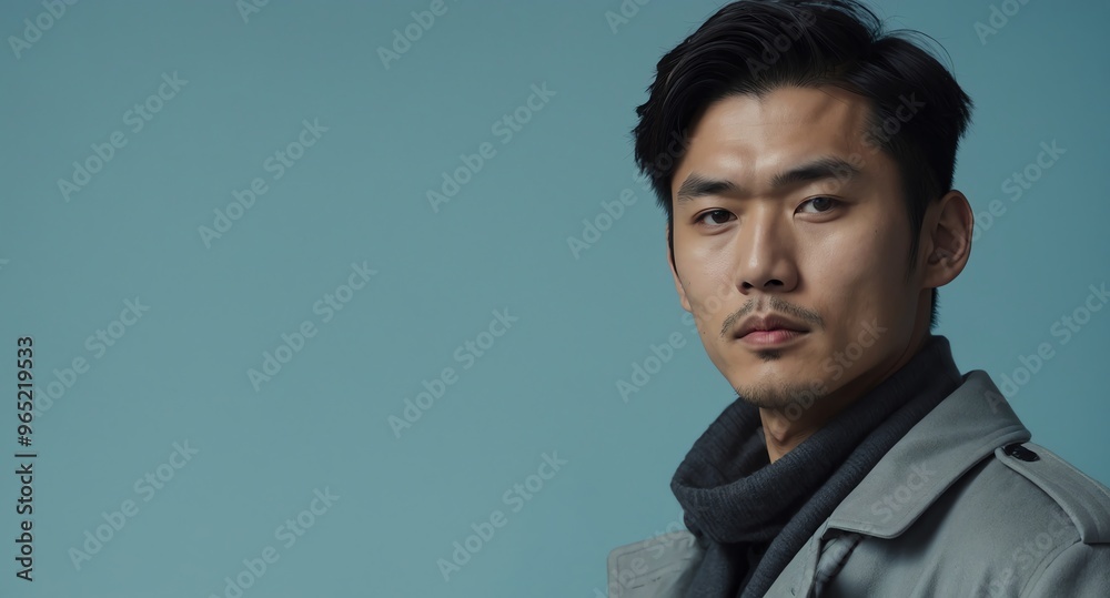 Obraz premium Thoughtful Asian male model in gray trench coat on pale blue background
