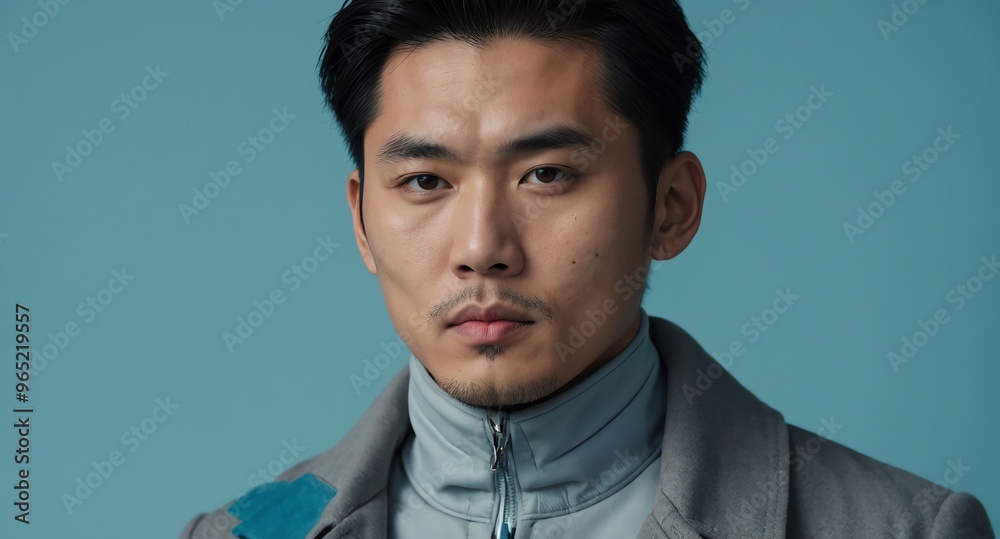 Thoughtful Asian male model in gray trench coat on pale blue background Thoughtful Asian male model in gray trench coat on pale blue background