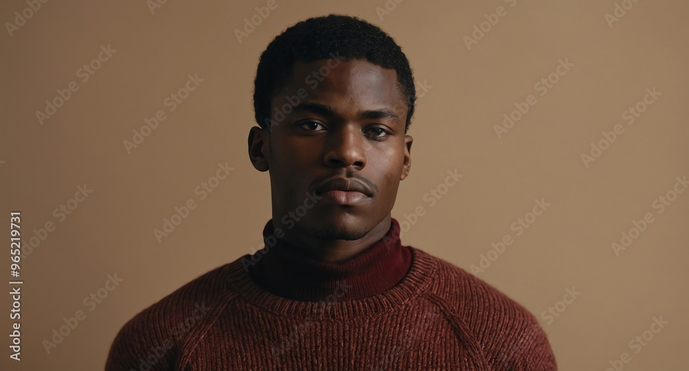 Obraz premium Thoughtful Black male model in maroon sweater on beige background