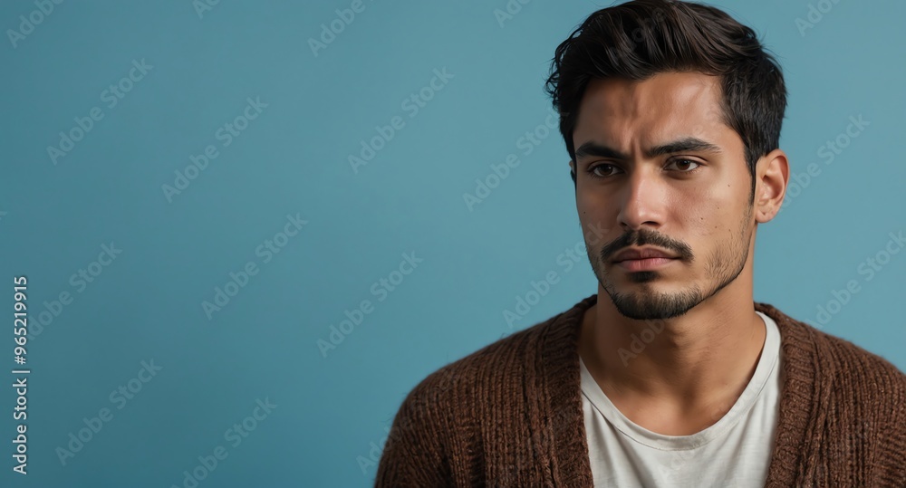 Thoughtful Hispanic male model in brown cardigan on light blue background Thoughtful Hispanic male model in brown cardigan on light blue background