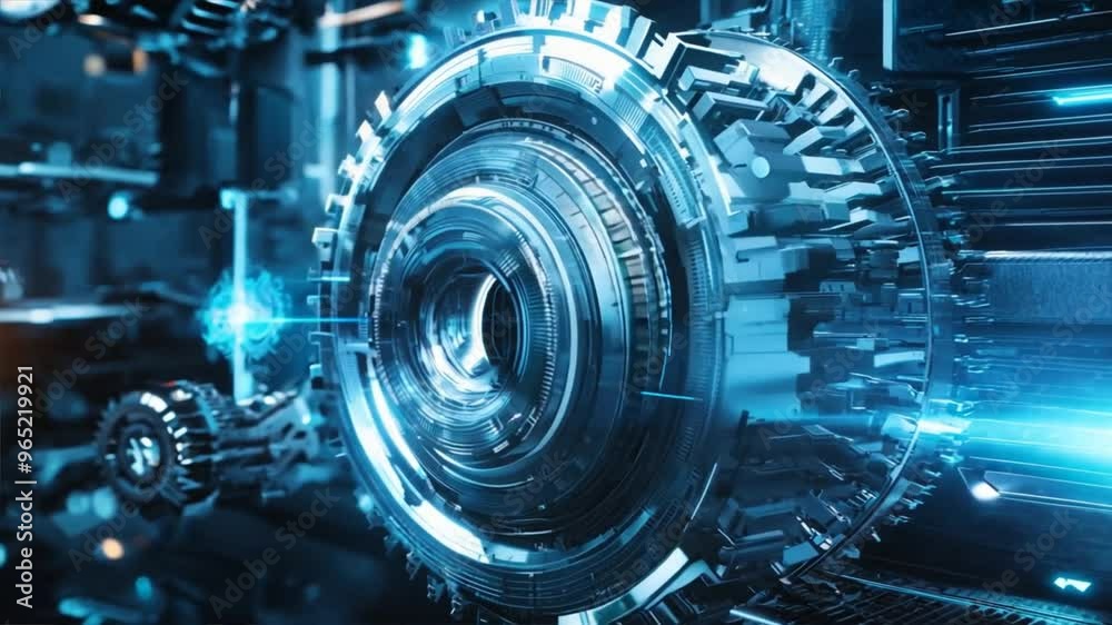 Close-up of a futuristic mechanical gear system with blue highlights, showcasing intricate engineering and technology details.