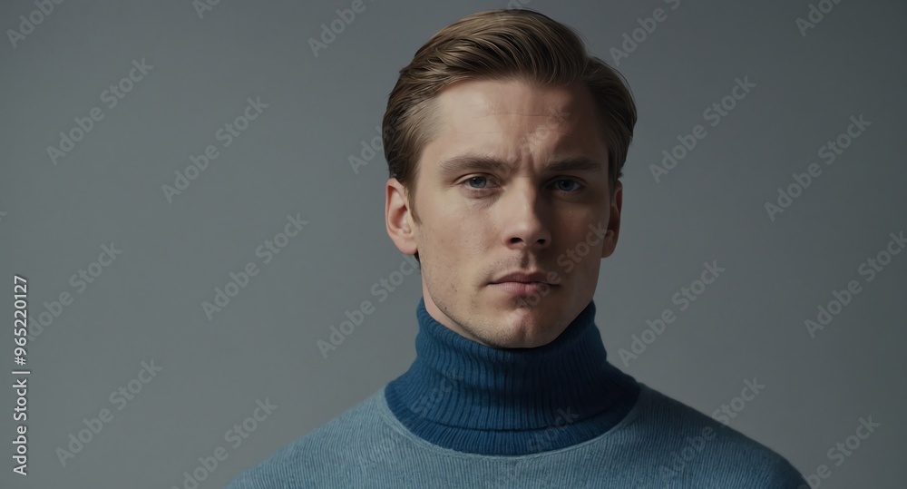 Obraz premium Thoughtful White male model in blue turtleneck on light gray background
