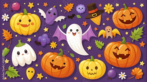Warm and inviting Halloween templates showcasing playful pumpkins, friendly ghosts, and winged bats, perfect for kids'