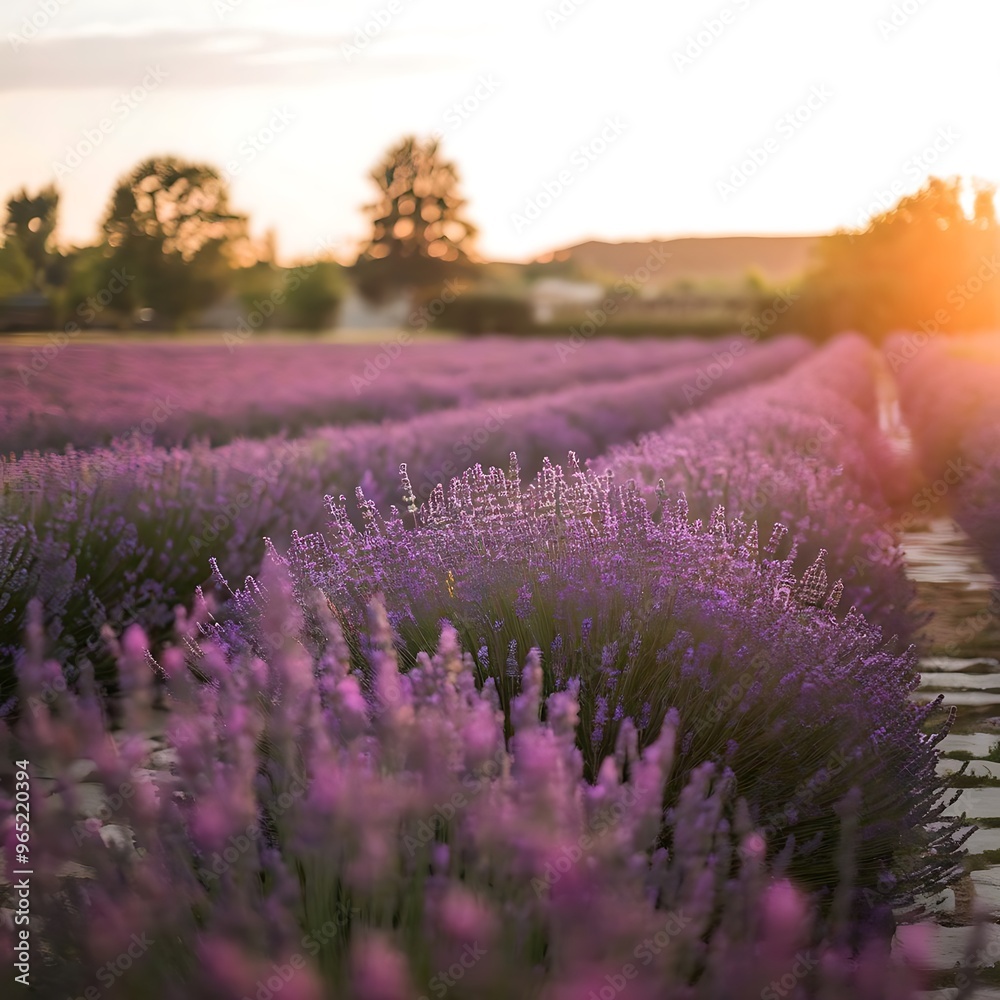 Fototapeta premium A sprawling lavender field under the warm glow of the setting sun. The soft purple hues of the flowers stretch into the distance, with a golden sky creating a serene and calming atmosphere.