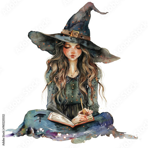 Pretty witch girl reading a book, watercolor illustration, png